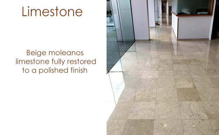Beige moleanos limestone fully restored to a polished finish