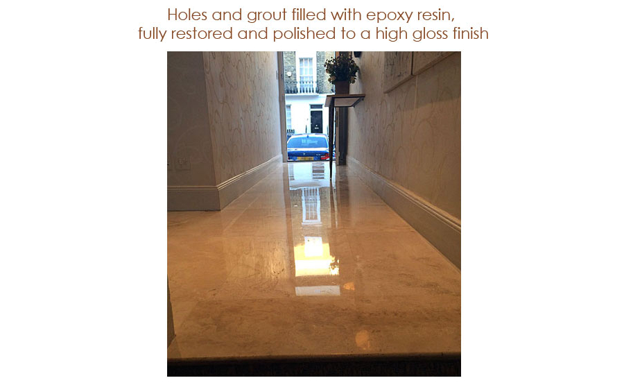 Holes and grout filled with epoxy resin, 
fully restored and polished to a high gloss finish